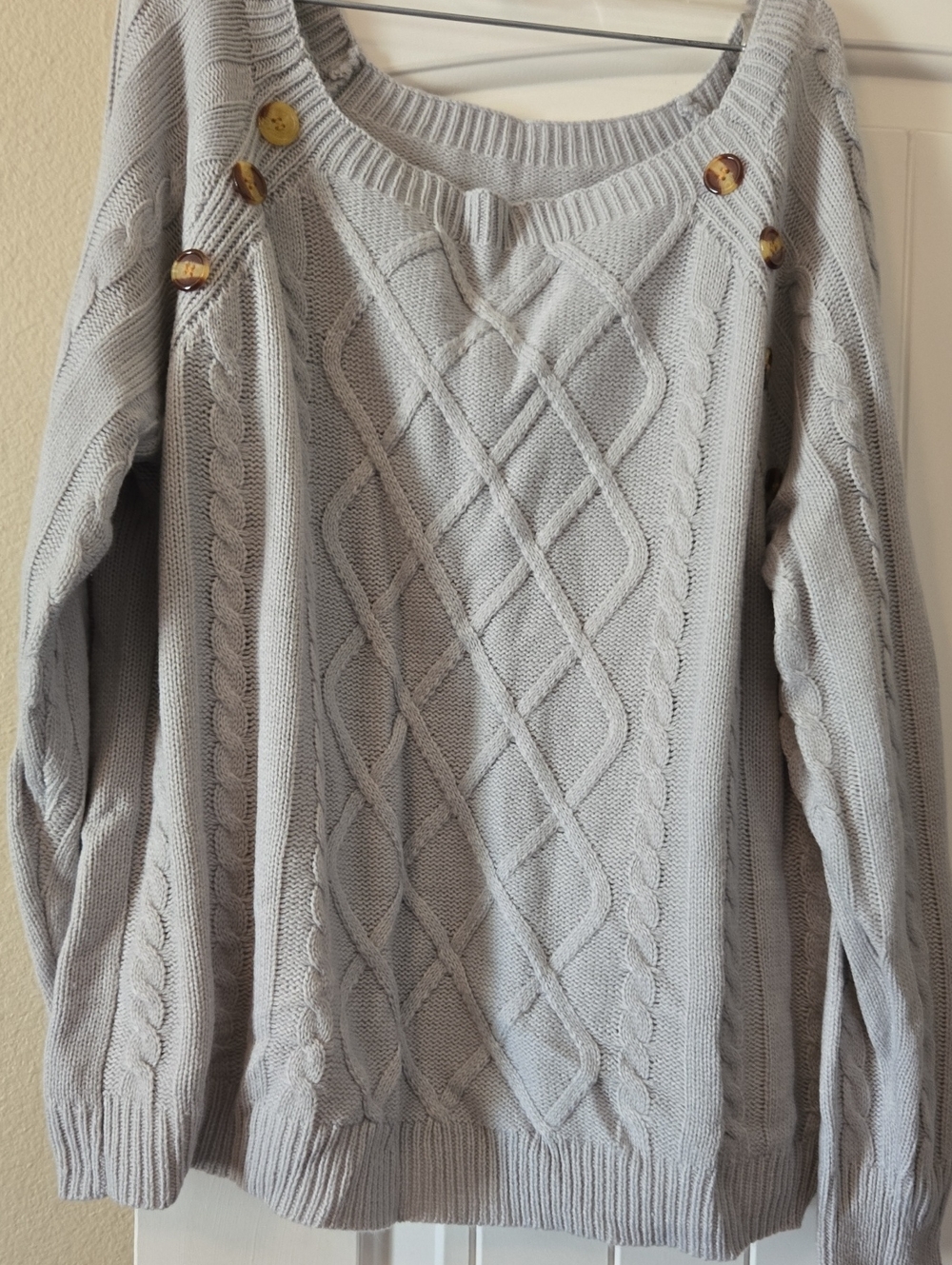 Light Gray Cable Knit Button-Shoulder Sweater